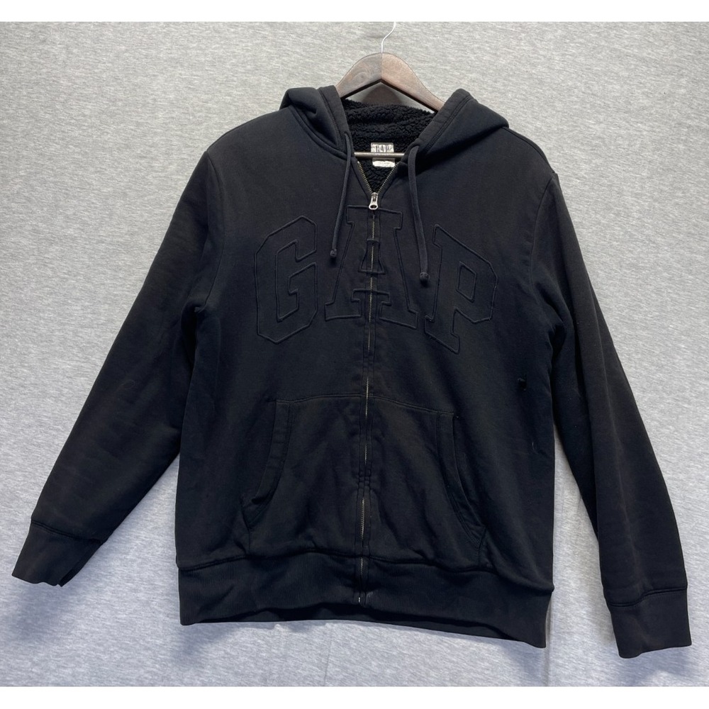 Gap Hoodie Mens Medium Black Sherpa Lined Embroidered Arch Logo Cotton Full Zip